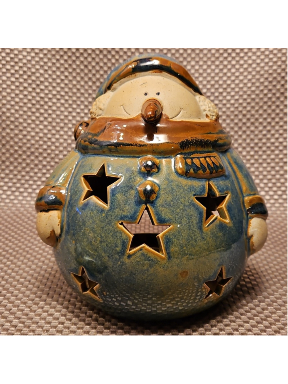 Blue and Brown Snowman Stoneware Handpainted Lantern Tealight Holder Stars